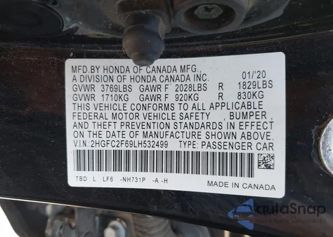 2020 Honda Civic Lx z USA, uszkodzony, nr VIN 2HGFC2F69LH532499